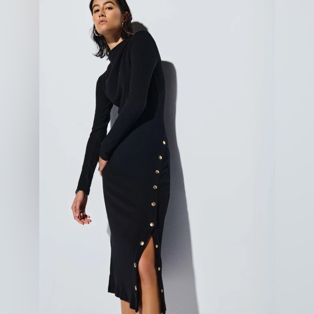 Nation LTD Leni Mock Neck Gold Snaps Long Sleeve Midi Dress Black Size Small NEW